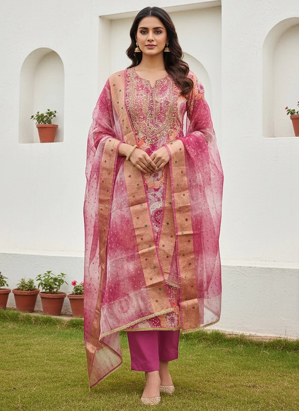 Print Work Silk Salwar Suit In Pink